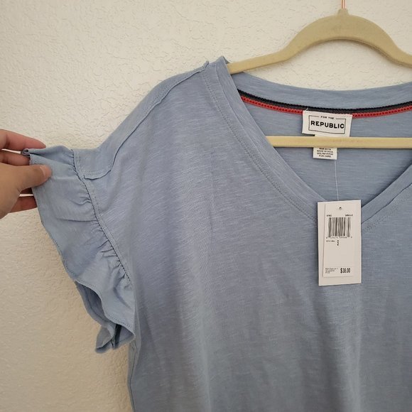 Women's For the Republic Blue V-neck Tee Shirt Ruffled Sleeves‎ - Picture 5 of 5